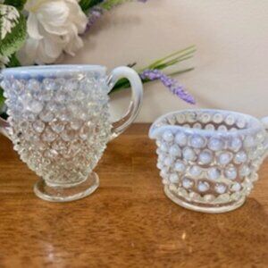 Vintage White Opalescent Hobnail‎ Cream and Sugar Set Fenton Style Pedestal Base
